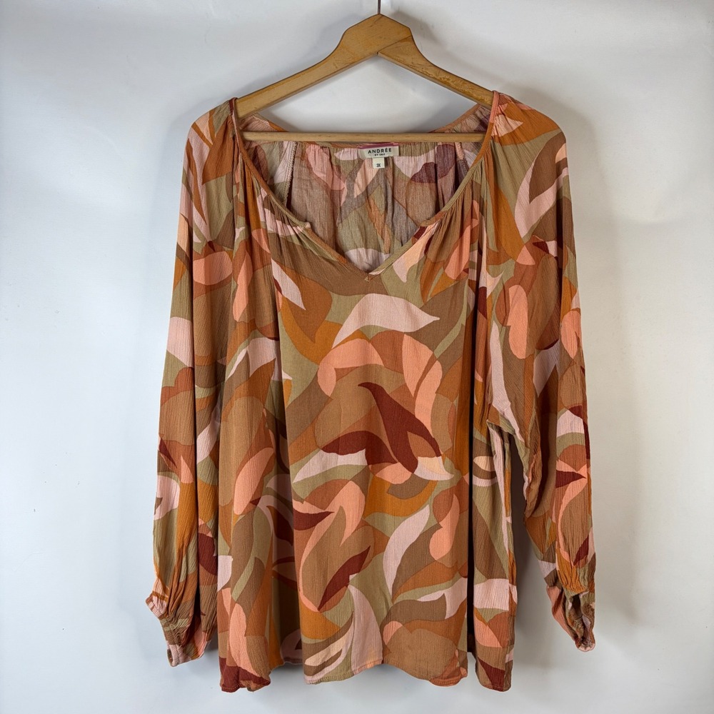 Andree by Unit Blouse Women 3X Orange Multi Abstract Leaf Boho V-Neck